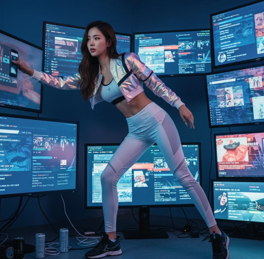 수많은 트렌드 화면 앞에서 유행하는 밈이나 댄스를 따라하는 한국 여성