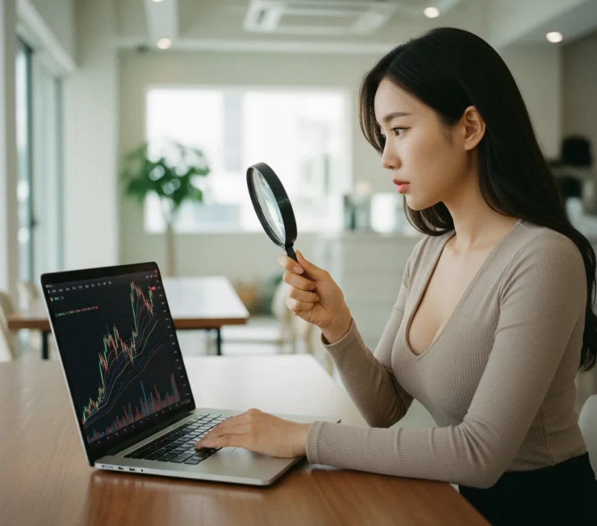 주식 차트의 눌림목 횡보, 거래량 감소, 이평선 밀집 구간을 돋보기로 확인하는 한국 여성