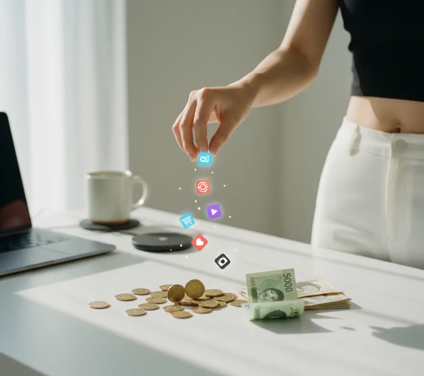 스마트폰 앱의 포인트를 실제 현금 동전으로 교환하는 손