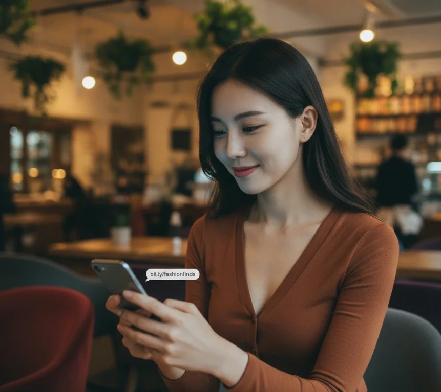 카페에서 친구에게 틱톡 라이트 초대 링크를 보내는 20대 한국 여성