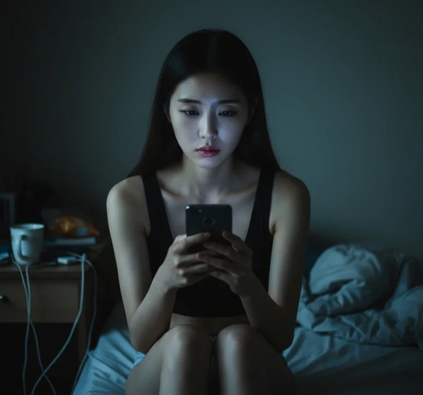 어두운 방에서 스마트폰을 내려다보며 피로한 표정을 짓는 20대 한국 여성