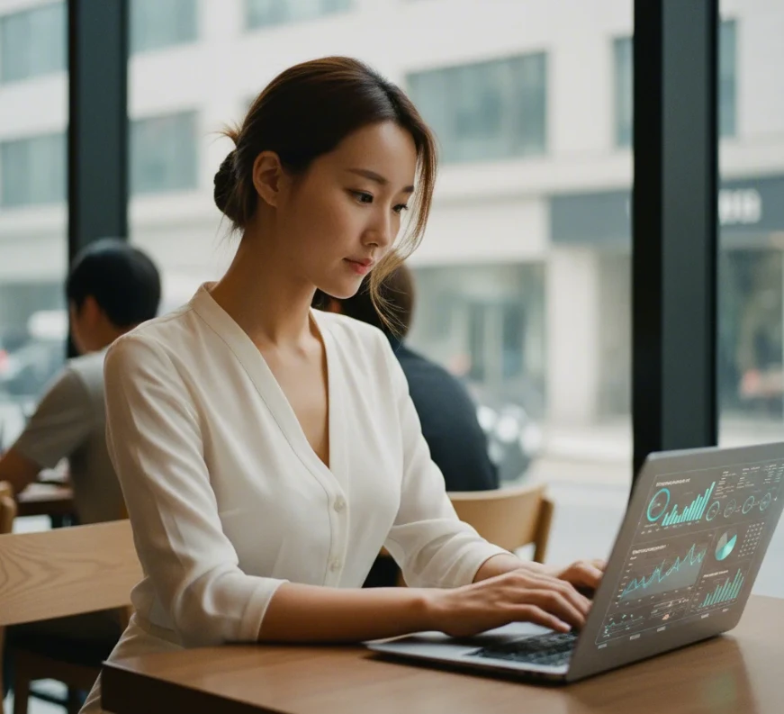 노트북으로 유튜브 분석 데이터를 보며 구독 전환율을 진단하는 한국 여성