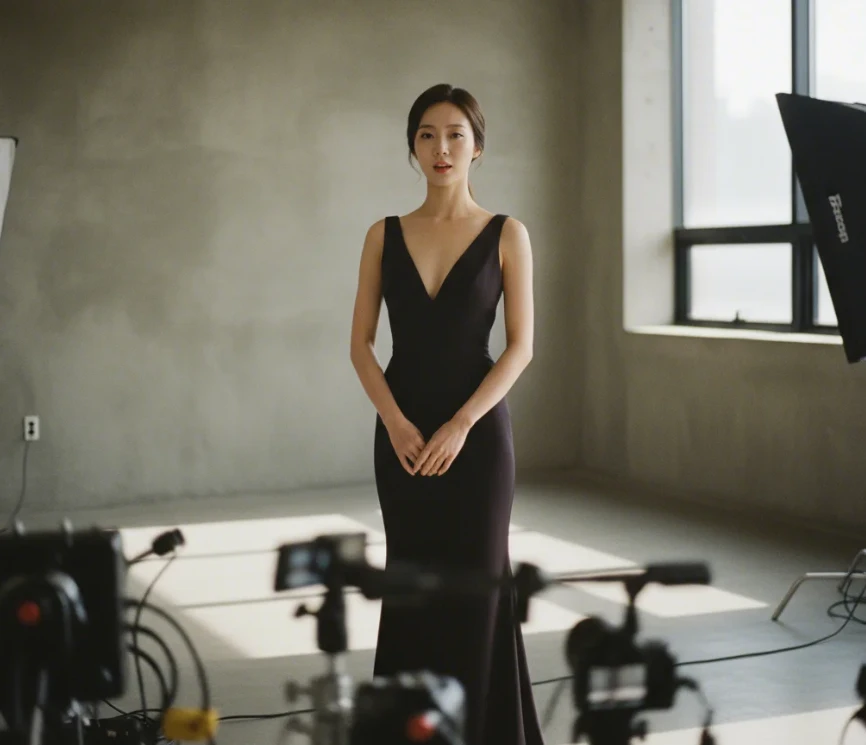실내 촬영 스튜디오에서 시청자를 바라보며 CTA 시점을 구상하는 듯한 한국 여성