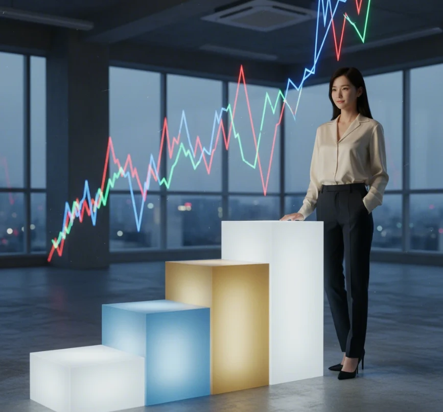 변동성이 큰 시장에서 안정적인 성과를 위한 3단계 코인 분할 매수 전략을 실행하는 한국 여성