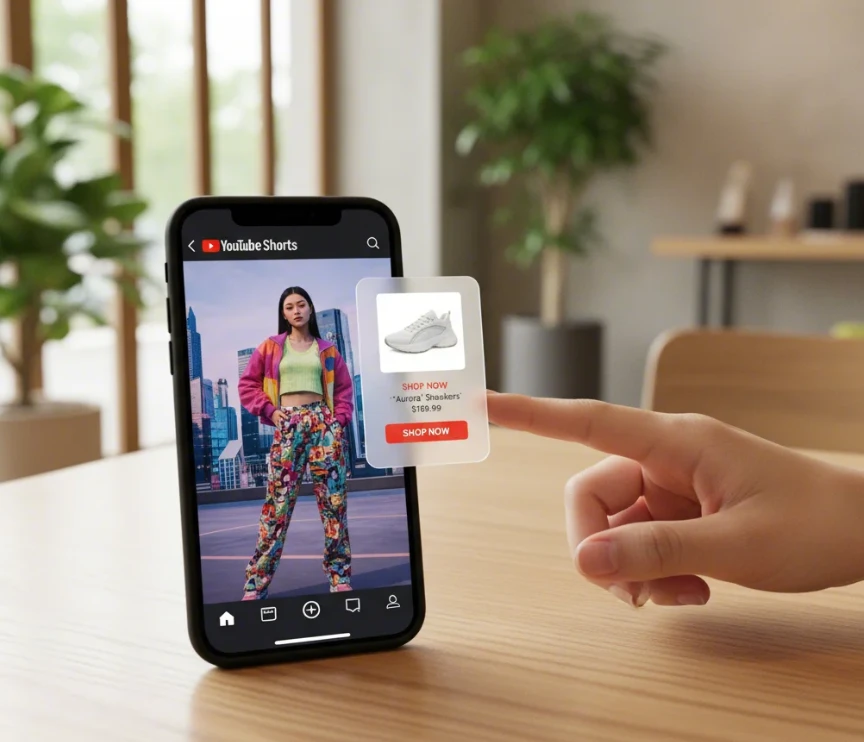 유튜브 쇼츠 영상과 AI가 자동 삽입한 쇼핑 태그를 보여주는 화면