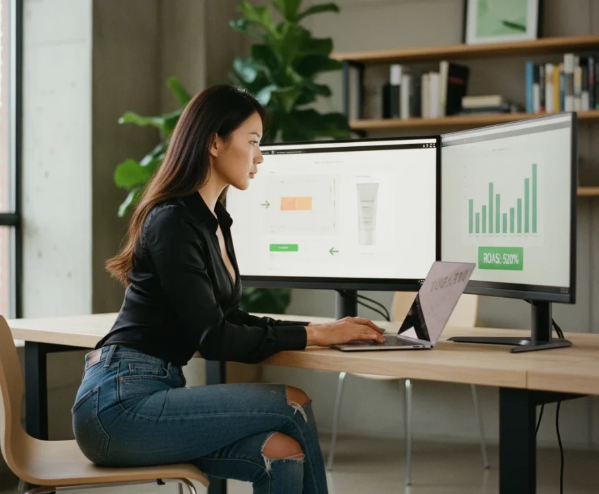 ROAS 4,000% 목표로 상세 페이지 구성과 광고 효율을 분석하는 한국 여성