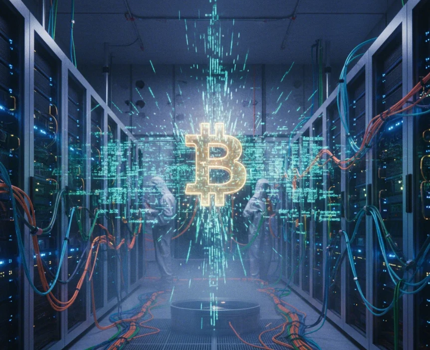 복잡한 디지털 코드와 비트코인 심볼이 홀로그램처럼 떠 있는 어두운 서버실 내부