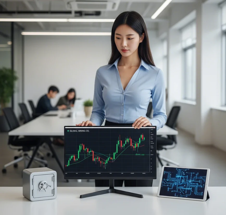 3개의 다른 경로를 상징하는 사물들 앞에 서서 갈림길을 고민하는 20대 초반의 한국 여성