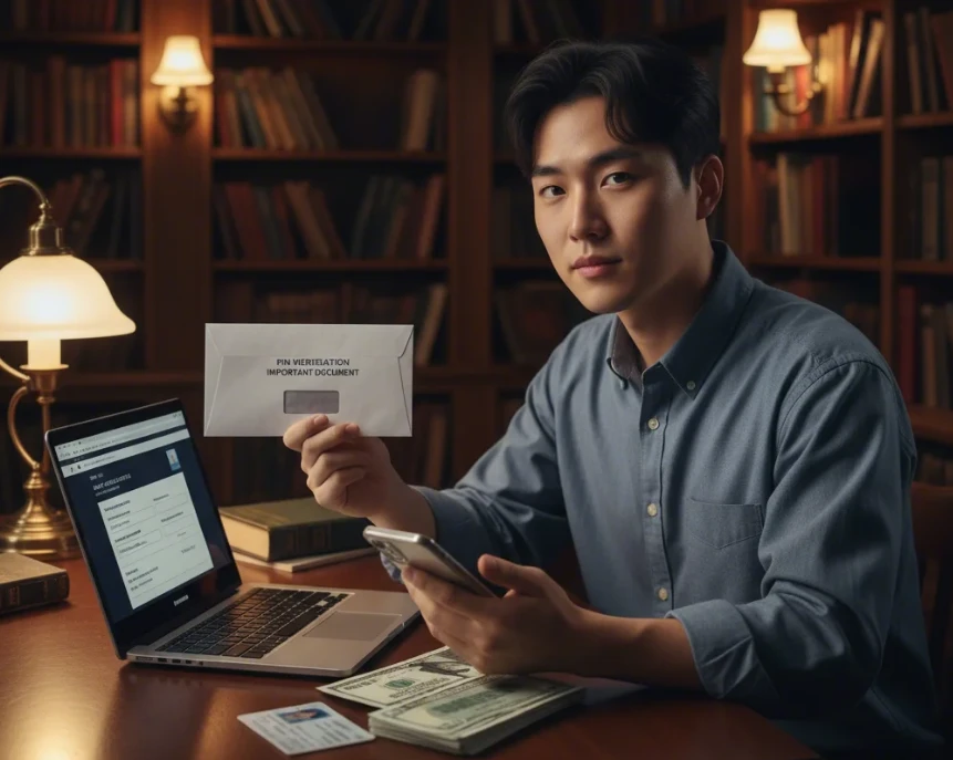 애드센스 PIN 우편물과 현금, 노트북 앞에서 지급 정보를 확인하는 20대 한국 남성의 모습