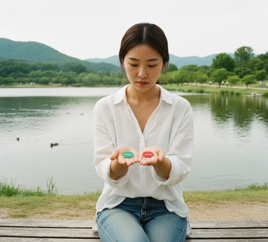 CPM과 RPM을 상징하는 두 개의 다른 물체를 비교하는 20대 한국 여성의 모습