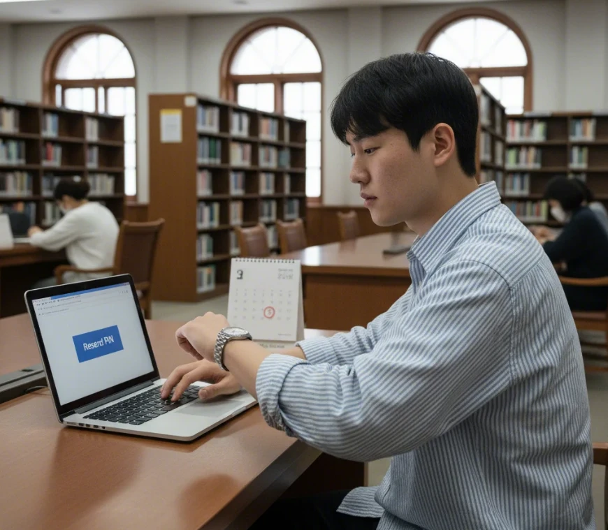 노트북으로 PIN 재발송 요청 화면을 확인하고 시간을 계산하는 20대 한국 남성의 모습