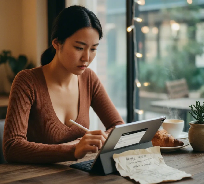 한글로 정확하게 작성된 주소를 확인하며 입력하는 20대 한국 여성의 모습