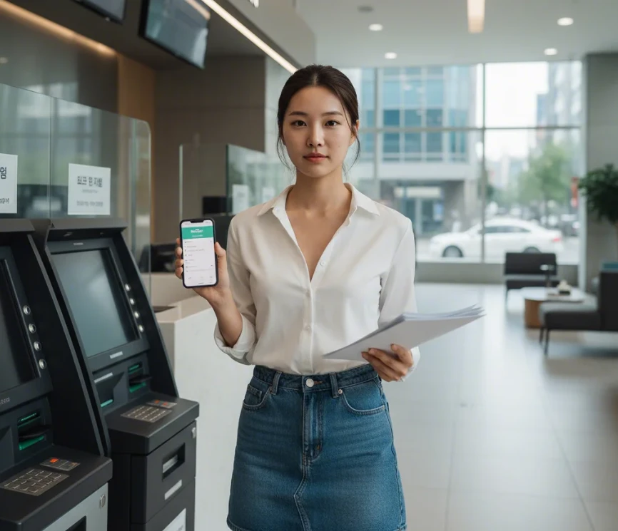 은행 창구 앞에서 애드센스 EFT 지급 방식을 확인하는 20대 한국 여성의 모습