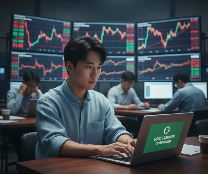 폭락하는 암호화폐 차트 앞에서 태연하게 거래하는 20대 한국 남성의 모습