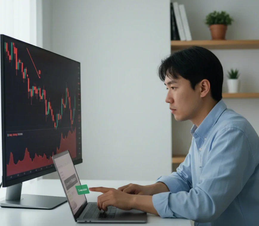 급락하는 암호화폐 차트를 보며 스테이블코인으로 즉시 전환하는 20대 한국 남성의 모습