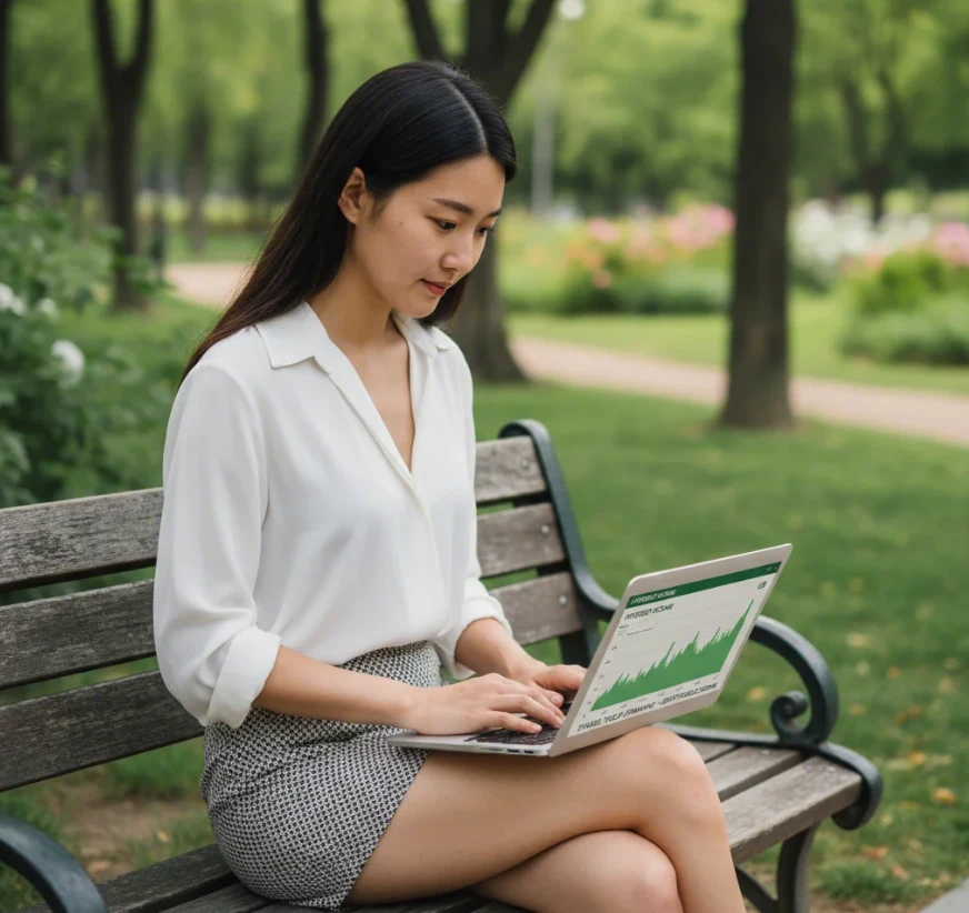 공원 벤치에서 디파이 예치를 통해 안정적인 이자 수익을 얻는 20대 한국 여성의 모습