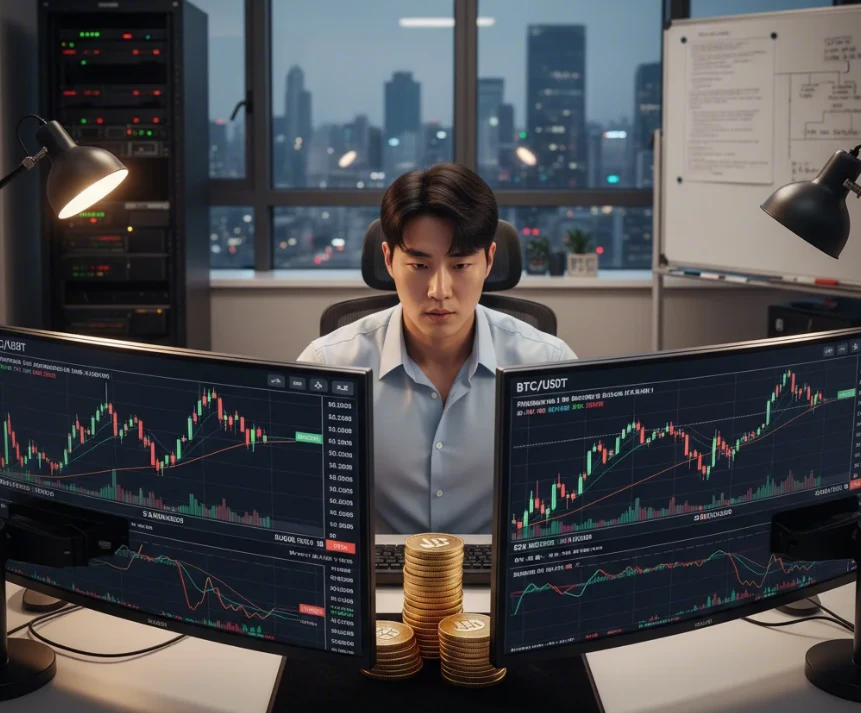 두 개의 다른 거래소 모니터를 보며 차익 거래 기회를 포착하는 20대 한국 남성의 모습